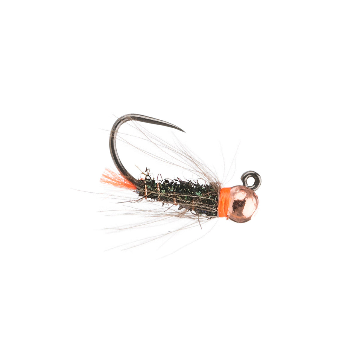 An Olsen's Blowtorch euro jig nymph — copper hot-spot bead, green flash body, orange tag, tied on a jig hook