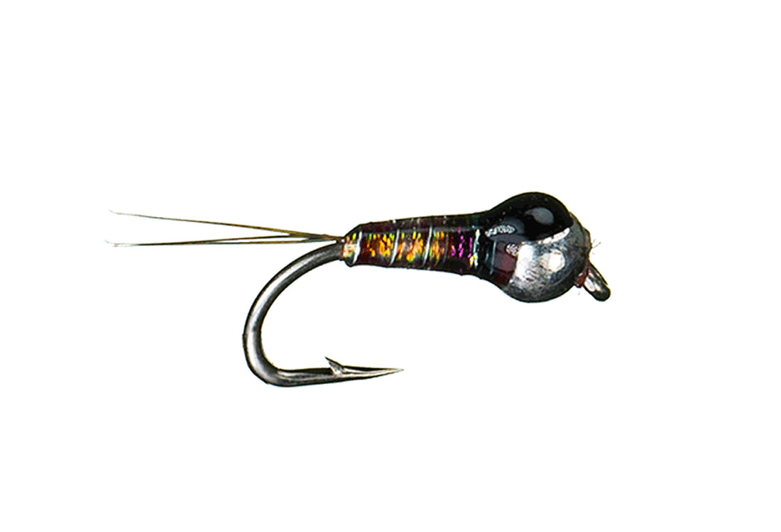 A Rainbow Perdigon jig nymph in macro — slim resin-coated body and a small, smooth, glossy head behind a silver tungsten bead